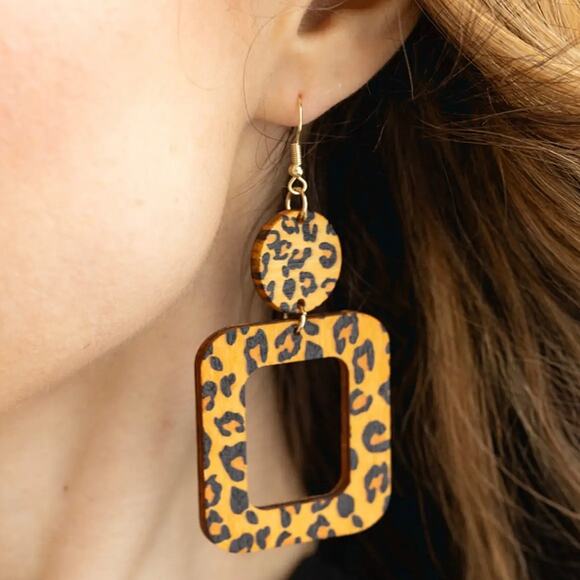 New Plunder “Clarissa” Wooden Cheetah Print Earrings (3.25”) - Picture 3 of 4